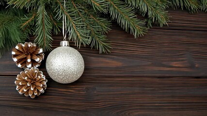 Ornaments are placed on a wooden table with pine branches and cones for winter decoration during the holiday season - Powered by Adobe