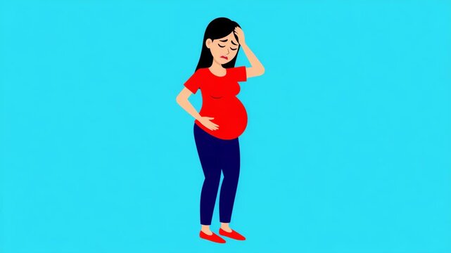 Pregnant woman suffering from headache and nausea touching forehead and belly vector illustration