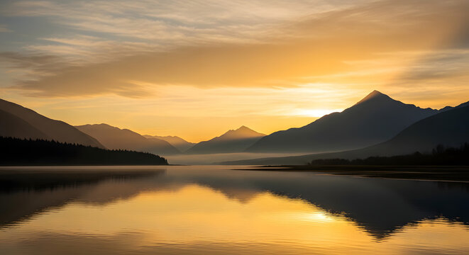 Breathtaking golden hour paints a tranquil mountain lake, reflecting majestic peaks and a vibrant sky, creating a serene and picturesque natural panorama - Powered by Adobe
