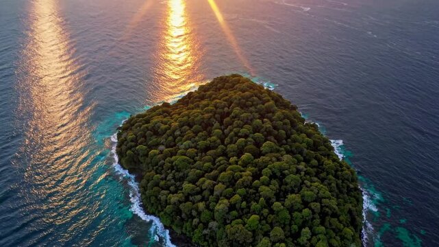 A lush green island rises from the azure ocean, surrounded by shimmering waves reflecting the golden sunlight. The vibrant foliage flourishes under the sun, creating a tranquil par