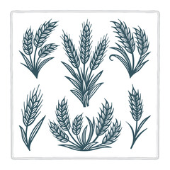 Vintage hand-drawn vector set of wheat elements featuring bundles, stalks, and grain heads. Suitable for wheat, rye, barley, and oats themes. Perfect for bakery, farm, harvest, and organic branding. 