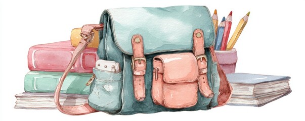Colorful school bag with books, pencils, and stationery in a watercolor style, detailed educational supplies and accessories