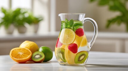 Fototapeta premium A refreshing glass pitcher filled with fruit-infused water, showcasing vibrant slices of lemon, lime, kiwi, and strawberries, garnished with fresh mint leaves.