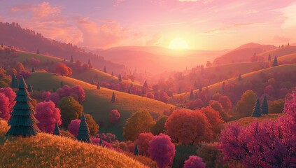 Serene Sunset Over Vibrant Hills with Colorful Trees and Sky