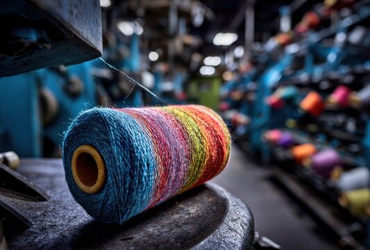 Colorful spool of textured thread in a textile workshop with vibrant yarns and industrial machinery