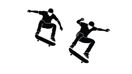 Two skateboarders in dynamic motion captured as a striking silhouette