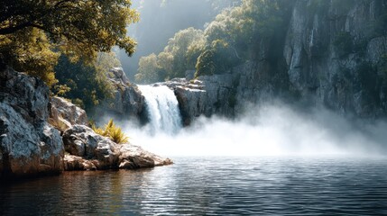 A serene waterfall cascading into a tranquil lake, surrounded by lush greenery and mist, creating a peaceful natural landscape.