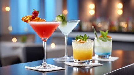 A colorful display of cocktails on a bar countertop, featuring various garnishes, showcasing a vibrant and inviting atmosphere.