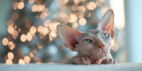 Sphynx cat resting on white blanket with festive bokeh lights in background, creating cozy holiday atmosphere.