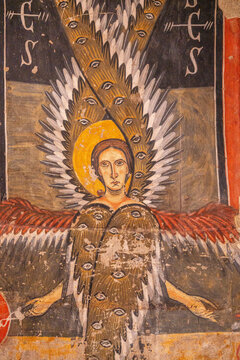 Romanesque apse with seraphim angels, from Santa Maria d'Aneu, late eleventh century, Chingueta d Aneu, National Museum of Catalonia, Barcelona, ​​Catalonia, Spain