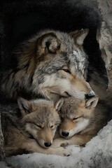 Obraz premium Gray wolf family resting in rocky den with adult and two cubs showing protective maternal behavior in natural wildlife habitat.