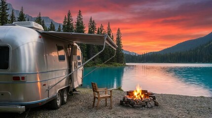 RV camper trailer parked peacefully along the shore of a lake, surrounded by calm water, on sunset background, and a serene natural outdoor camping atmosphere