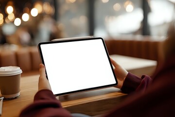 Person using tablet with blank white screen in cozy cafe setting with coffee cup and warm bokeh lights for mockup presentations and digital content display.