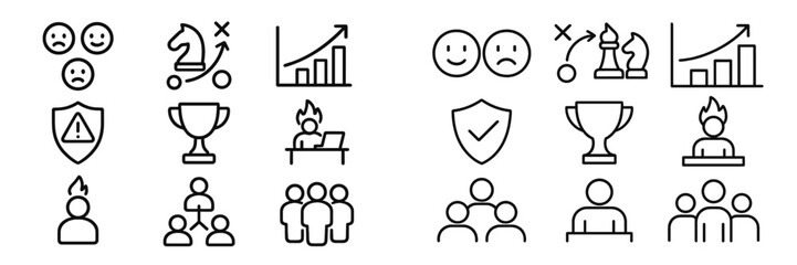 Outline icons for business success, performance growth, risk assessment, and corporate strategy