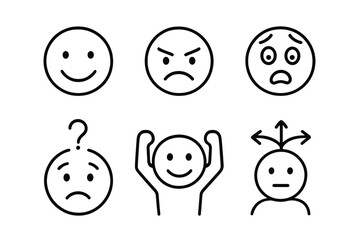 Collection of simple black and white line icons showing various human emotions and mental states
