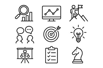 Set of business strategy planning icons for analysis goals achievement and communication