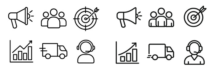 Essential business marketing logistics and customer support outline symbols