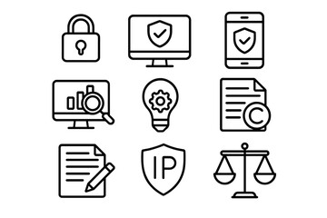 Digital security, intellectual property, legal compliance, data analysis, and innovation outline icons