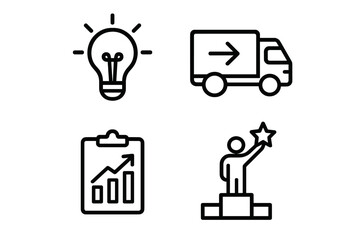 Business icons representing innovation, delivery, financial growth, and success achievement