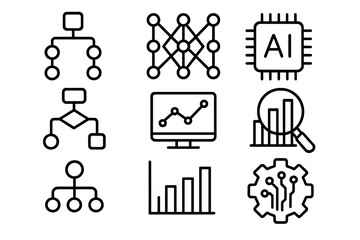 Outline symbols representing artificial intelligence, machine learning, and data analysis