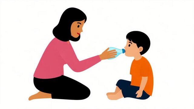 Illustration of Mother Giving Water Bottle to Young Son Depicting Care and Hydration Parenting Concepts