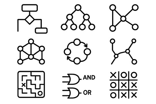 Outline icons set for algorithms, data structures, flowcharts, and logical processes