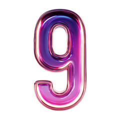 Number 9 made of gradient neon purple material. Isolated white background. Png format