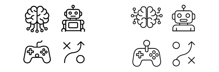 Outline icons representing artificial intelligence, robotics, video gaming, and strategic planning concepts