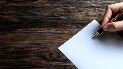 Hand holding pen writing on blank white paper sheet over dark wooden desk surface for business correspondence and communication.