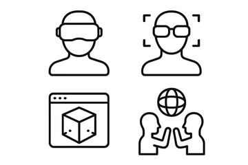 Virtual reality headset, augmented reality face recognition, and metaverse connection symbols