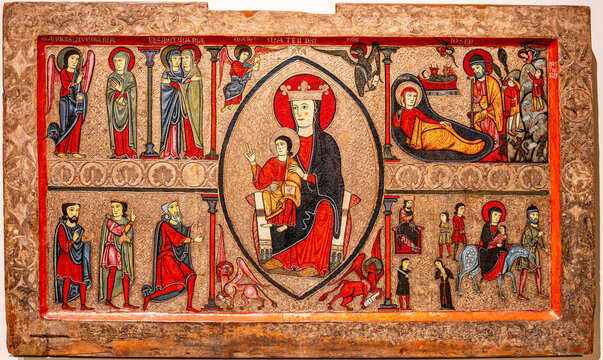 Cardet altar, 13th century, tempera, stucco reliefs and remains of colored metal leaves on wood, Church of Santa Mar&iacute;a de Cardet, Bo&iacute; Valley, MNAC, Barcelona, ​​Catalonia, Spain