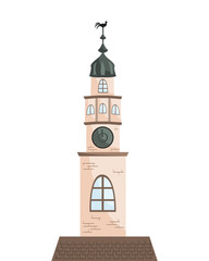 Old city hall tower. Vector isolated illustration