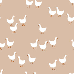 Vector seamless pattern with cute geese on beige background. Beautiful design for baby prints. Vector illustration