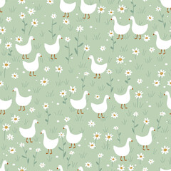 Vector seamless pattern with cute geese in the daisy flower grass. Beautiful background design for baby prints. Vector illustration