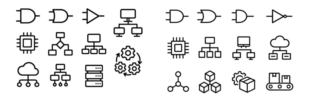 Essential technology icons featuring logic gates, network diagrams, and data processing symbols