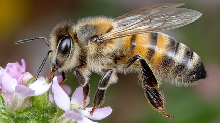 Close-up macro photograph of a honey bee gathering nectar from a delicate pink flower