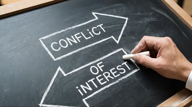 Hand writing "Conflict of Interest" with chalk on a blackboard, symbolizing ethical dilemmas and opposing choices in business and professional deci...