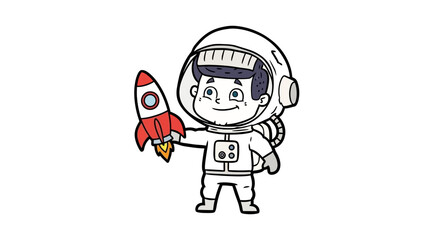 Child in astronaut suit joyfully holding a red rocket toy against a simple white background