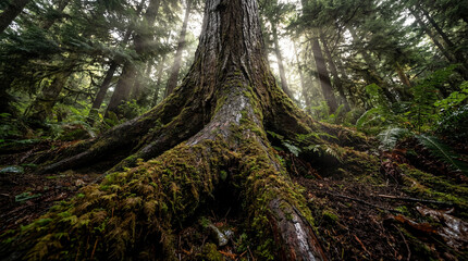 Fototapeta premium Massive old growth tree roots covered in vibrant green moss deep dark foggy temperate rainforest