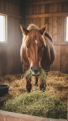Brown horse eating hay inside a stable with wooden walls  