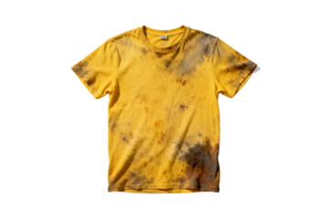 A vibrant yellow t-shirt with unique tie-dye patterns
