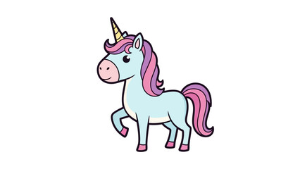 Colorful cartoon unicorn with a pink mane prancing playfully on a white background