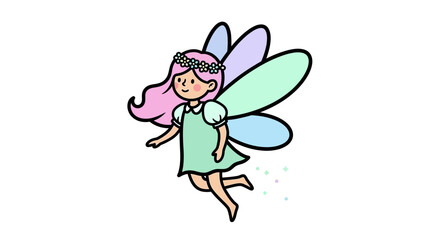 Whimsical fairy character with colorful wings dancing joyfully in a magical setting