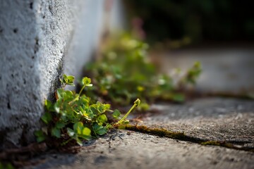 Small green weeds growing through concrete sidewalk crack against wall showing nature resilience and urban plant growth in city environment.