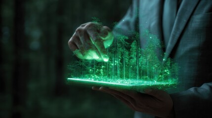 Person's hand interacting with a glowing green holographic forest on a digital tablet