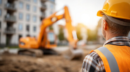 Faceless construction workers operating excavators at building site with heavy machinery, civil engineering operations, ground preparation work, defocused personnel with equipment,