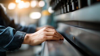 Faceless factory engineer operating and guiding hydraulic tube bending machine to shape metal pipes for industrial construction or infrastructure project, defocused worker controll