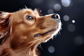 Golden retriever dog with attentive expression against dark background with bokeh lights, looking upward with hopeful gaze.