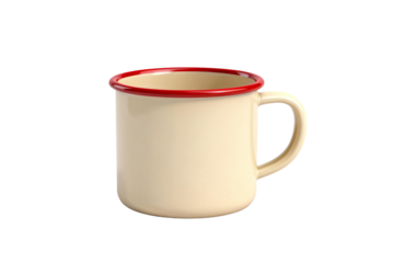 A vintage-style enamel mug with red rim for drinking
