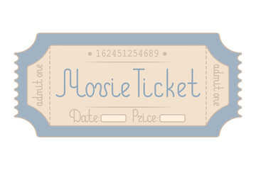 Movie. Blue ticket admit one. Date and price are indicated. Handwritten lettering with a capital letter. Color vector illustration. Tear-off ticket with a number. Isolated on white background. 